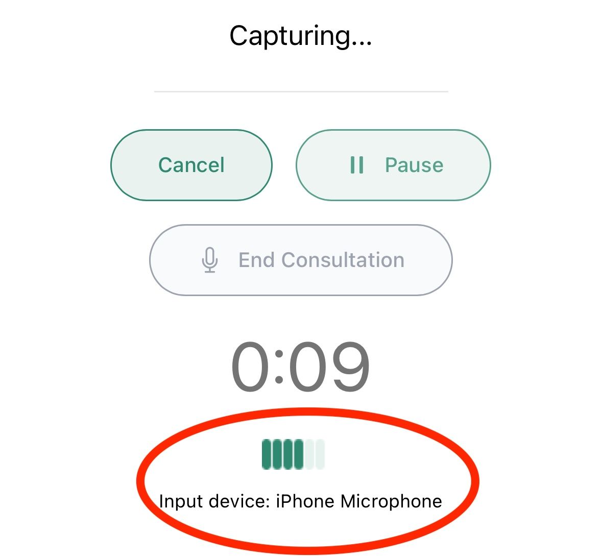 Laufende Aufnahme in PlaynVoice: Die grüne Pegelanzeige zeigt, dass das Mikrofon Ton empfängt. Darunter steht das verwendete Mikrofon, hier das iPhone-Mikrofon.