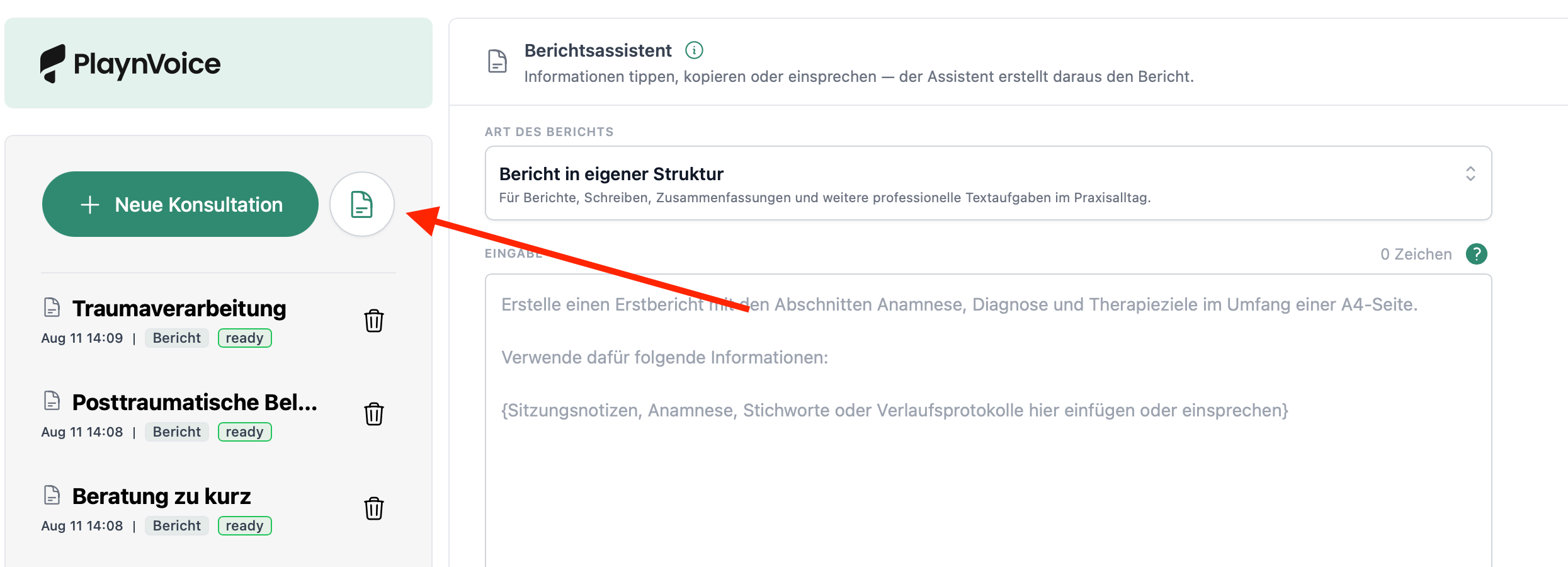 Das Dokument-Symbol rechts neben «Neue Konsultation» öffnet den Berichtsassistenten. Dort wählst du die «Art des Berichts» und gibst die Informationen im Feld «Eingabe» ein.