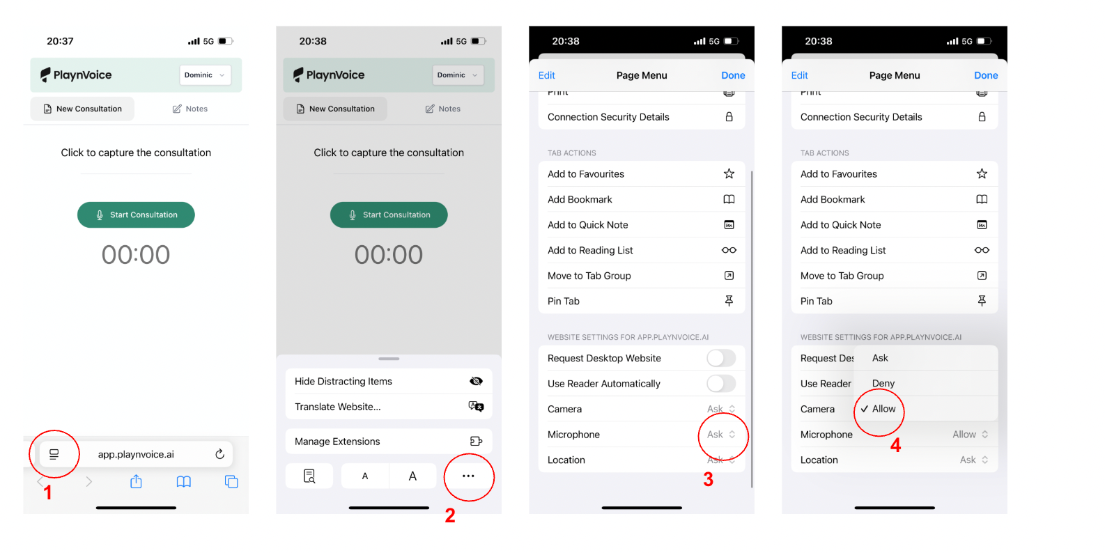Mikrofonzugriff in Safari auf dem iPhone in 4 Schritten: 1. Symbol links neben der Adresse antippen. 2. «…» wählen. 3. Bei «Mikrofon» auf «Fragen» tippen. 4. «Erlauben» wählen.