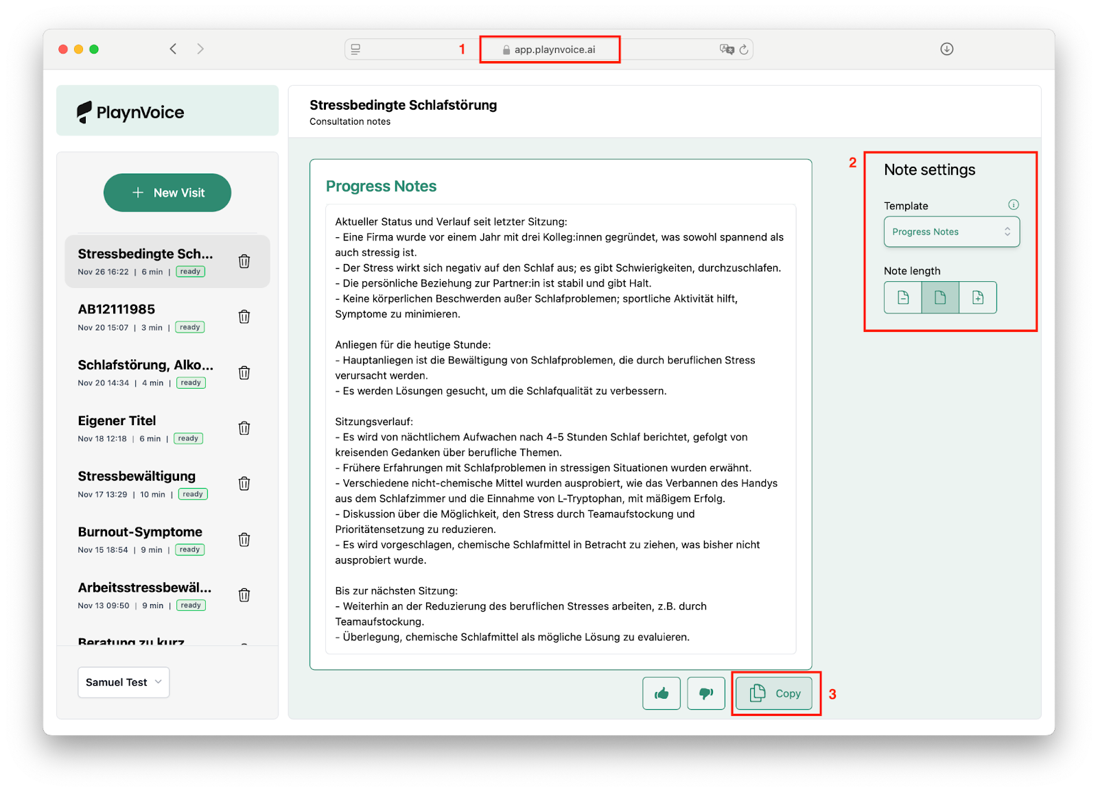 PlaynVoice im Browser mit fertiger Notiz. Markiert: 1. Adresse app.playnvoice.ai, 2. Notizeinstellungen mit Vorlage und Notizlänge, 3. Kopieren-Button unter der Notiz.