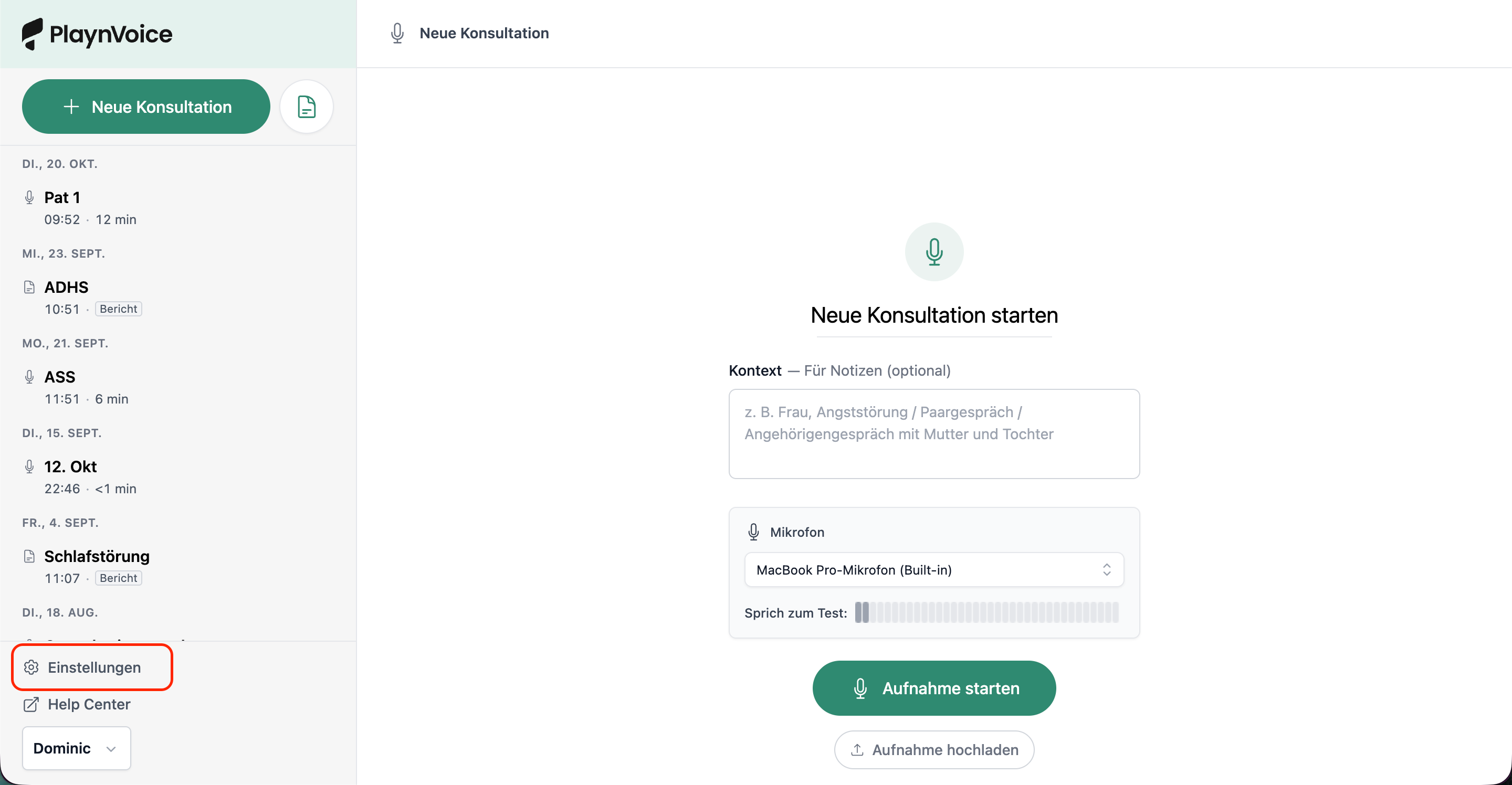 PlaynVoice-Startseite: «Einstellungen» befindet sich unten links in der Seitenleiste, oberhalb von «Help Center».